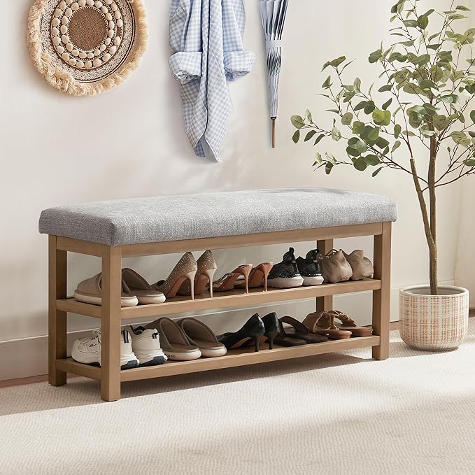Shoe Rack Bench with Cushion, 2 Tier Solid Wood Storage Bench, Mid-Century Modern Shoe Bench for Entryway, Hallway, Closet, Front Door Entrance, Foyer (Grey, 46.5")