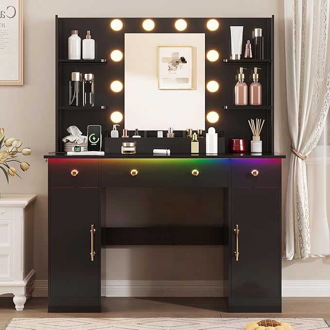 Vanity Desk with Mirror and Lights, Makeup Vanity with Mirror and LED Lights & Power Outlet, 3 Drawers and Cabinets, 3 Lighting Modes Dressing Table Set for Girls Women Bedroom,Black