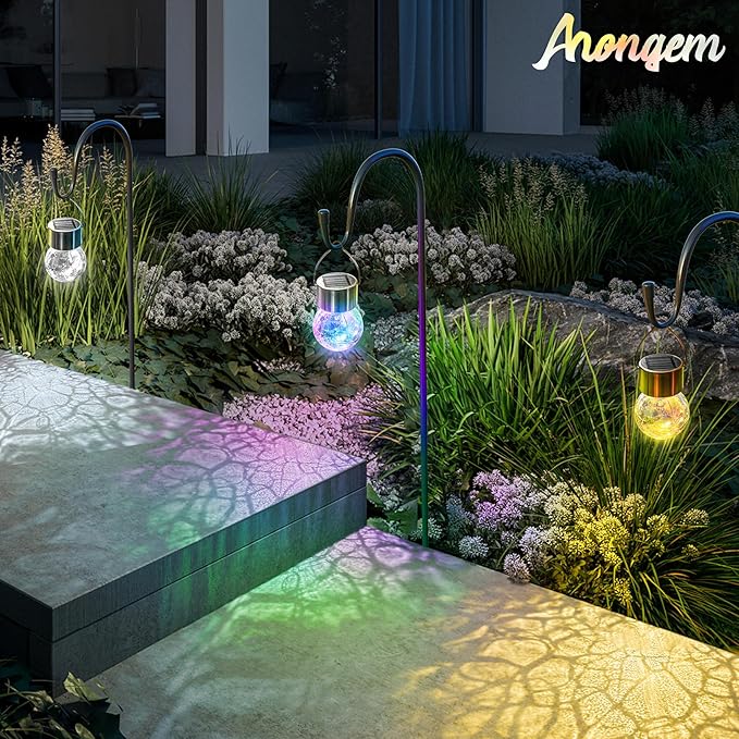 Solar Hanging Lanterns Outdoor: 12 Pack Cracked Glass Ball Lights with Clip - Waterproof Color Changing Globe Decorative Garden Tree Fence - Gardening Holiday Gifts for Women