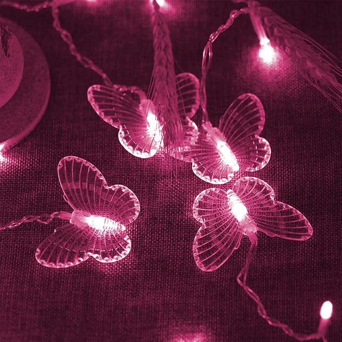 Decorman Butterfly Curtain Lights, 4.9ft 48 LED USB Window Fairy Lights 10 Butterflies 8 Modes Firefly Twinkle String Lights for Room Bedroom Wall Ceiling Party Wedding Christmas (Pink)