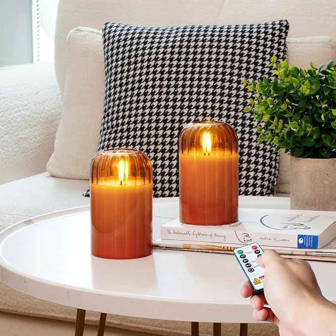 Homemory Glass Flameless Candles, Battery Operated Plliar Candles Realistic Flickering, LED Electric Light with Remote and Timer for Home, Christmas Decoration, Orange, Set of 2