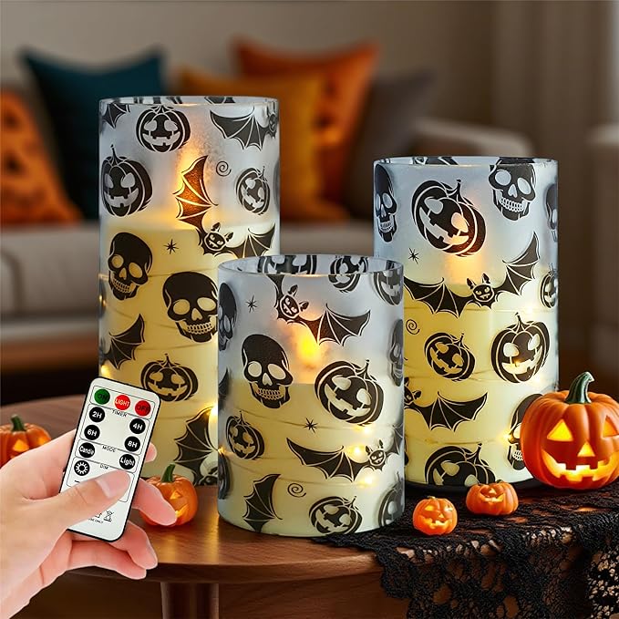 Ghost Flameless Candles with String Lights - 3pcs Halloween Battery Operated Candle Flickering Floral LED Pillar Candles with Timer Remote for Home Decor Romantic Ambiance
