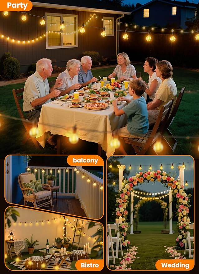 Outdoor String Patio Lights 100FT 50 LED String Lights Waterproof Connectable Shatterproof Hanging Outside Light Backyard Porch Deck Balcony Garden Yard Decor Lighting Edison Bulbs 2200K