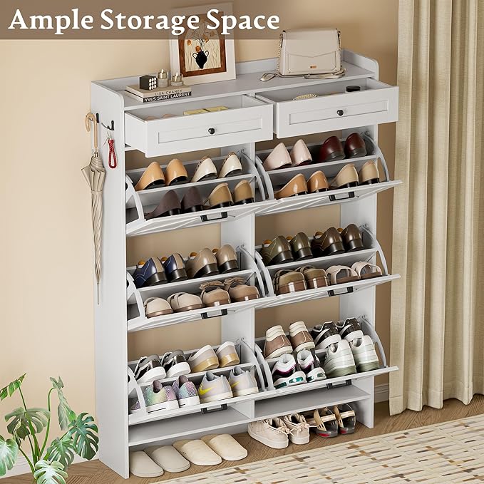 Shoe Cabinet for Entryway, Farmhouse Shoe Storage Cabinet with 6 Flip Drawers and 2 Top Drawers, Tall Narrow Shoe Organizer Cabinet with Adjustable Shelves, Side Hooks and Anti-Tip Kit