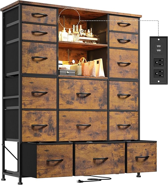 EnHomee 51" H Dresser with 15 Drawers Dresser for Bedroom with Charging Station & LED Lights & Hutch Sturdy Fabric Bedroom Dressers, Steel Frame, Wood Top, Rustic Brown, 51.2" H x 39.3" W x 11.8" D