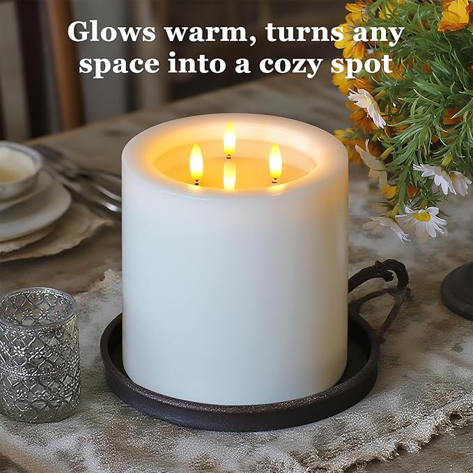 3-Wick 6"x6" Extra Large Real Wax Flameless Pillar Candles with Remote Control and Timer Function, Candle Grease White Battery Operated LED Flickering 3D-Wick (Long Lasting, Warm Fire)