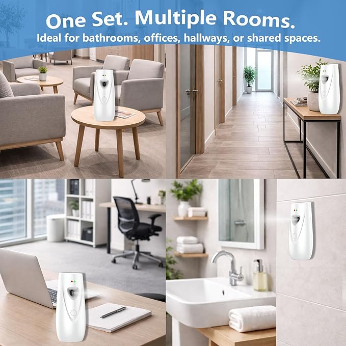 Automatic Air Freshener Spray Dispenser (2-Pack) Wall Mounted or Free Standing, Commercial and Home Use, Multiple Time Scent/Mist Release Settings for Room/Restroom Sprayer (White1103)