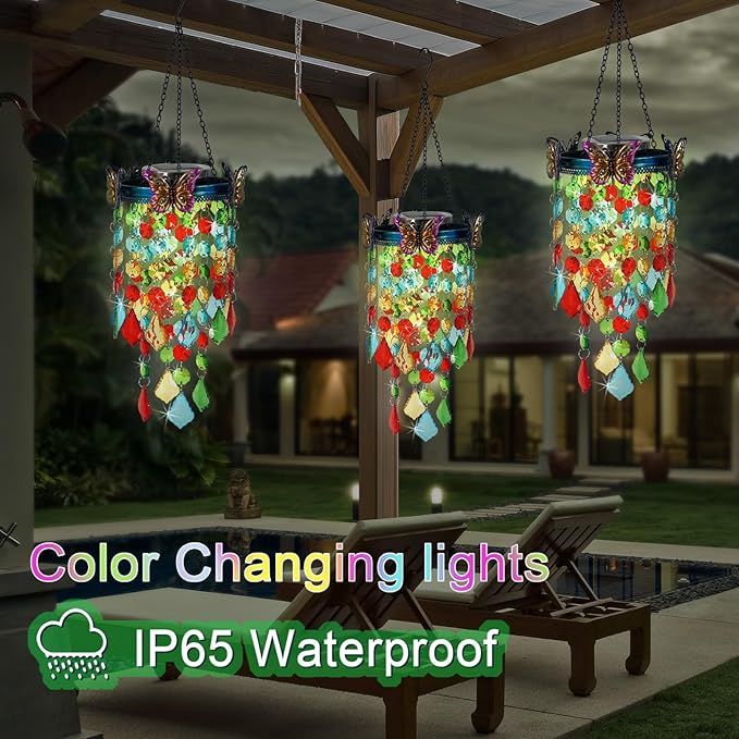 Hanging Solar Lanterns Outdoor Chandelier,Colorful Metal Butterfly with Acrylic Crystal Wind Chimes for Outside,Solar Lights Color Changing LED Outdoor Decorative for Paito,Porch,Yard