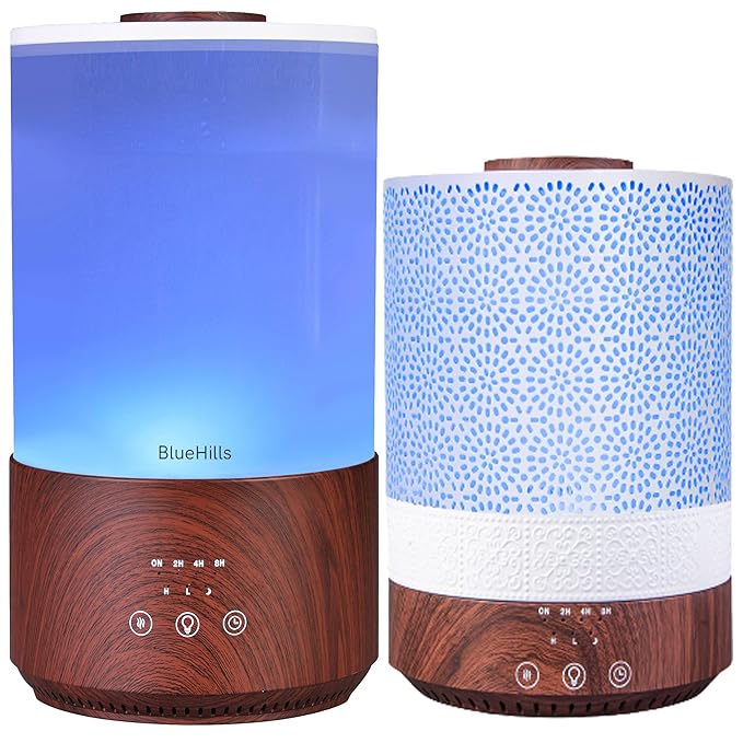 BlueHills Premium Set of Two Large 2500 ML and 4000 ML Tall XL Essential Oil Diffusers Humidifier Combo for Large Room Home with Décor Cover LED Lights Great Gift – Value Pack of Dark Wood Grain.