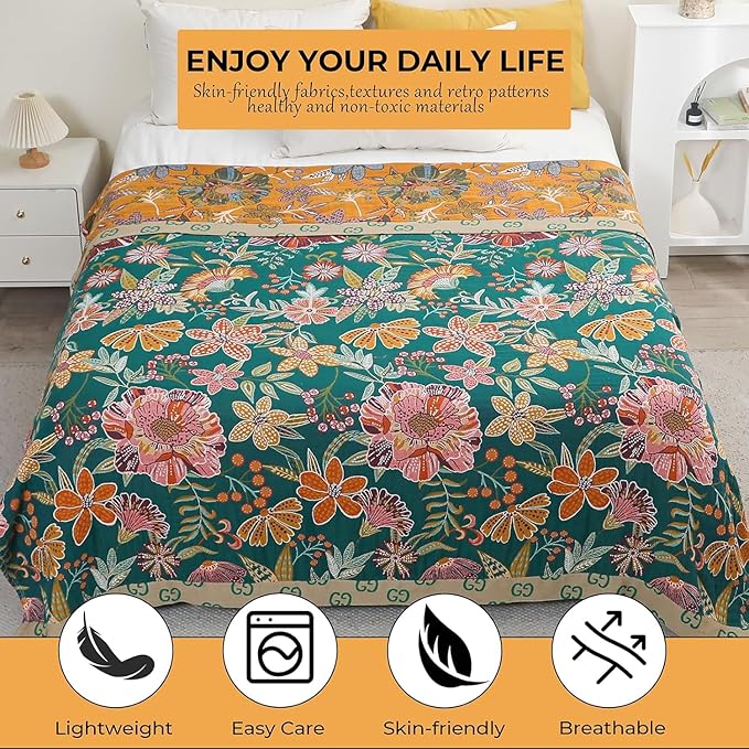 Fall Throw Blankets Reversible Luxurious Cotton Bed Throws with Vintage Bohemian Design & Yellow/Green Lightwight Floral Decor Blanket, Perfect as Bed Sofa Quilt 90" x 98"