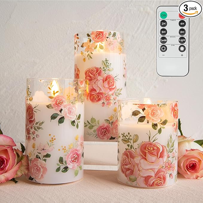 Flameless Candles with Remote, Battery Operated Glass Candles Pink Rose Flickering LED Candles Real Wax Floral Christmas Decor Electric Pillar Candles Set of 3