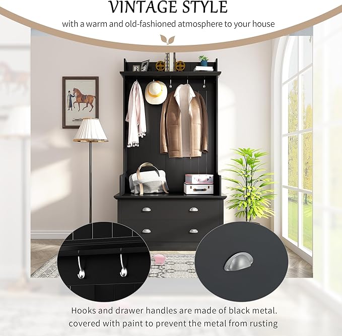 RUNNA Wooden 38.5" Wide Hall Tree with Coat Rack and 2 Large Drawers,Bench,5 Metal Hooks and Handles,For Livingroom Hallway Entryway Use (Black@Drawers)
