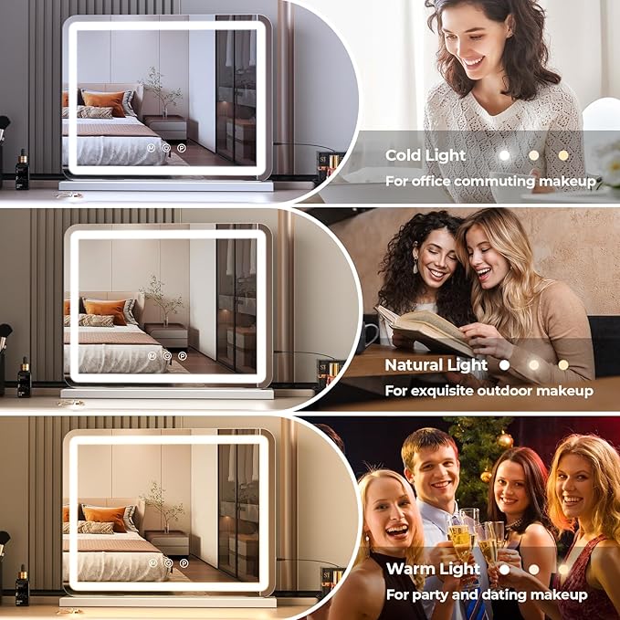 ZL ZELing Vanity Mirror with Lights, 23 Inch Large Makeup Mirror with LED Lights, Smart Touch Dimmable 3-Color Light, Memory Function, USB Charging Port, and Magnifying Glass