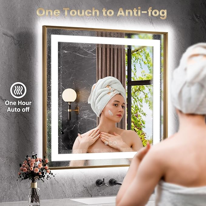 Amorho 60"X30" LED Bathroom Mirror, Gold Metal Framed Mirror with Front Light and Backlit, Stepless Dimmable, Anti-Fog, Shatter-Proof, Memory, 3 Colors