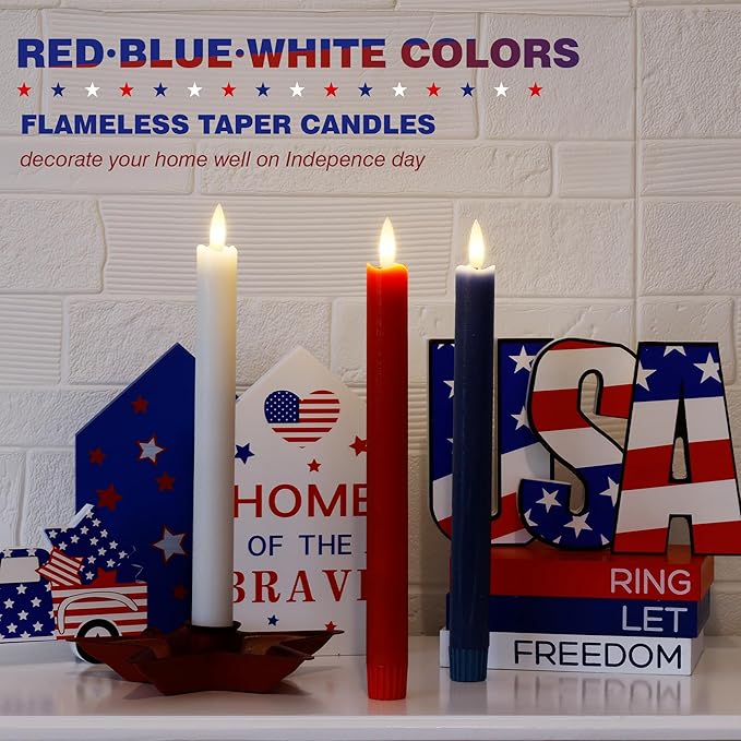 Patriotic Flameless Candles, Red White and Blue Taper Candles, 9.6" Real Wax Battery Operated 4th of July Candlesticks, Flickering Independence Day Candle, Memorial Day Decor, 3 Pack