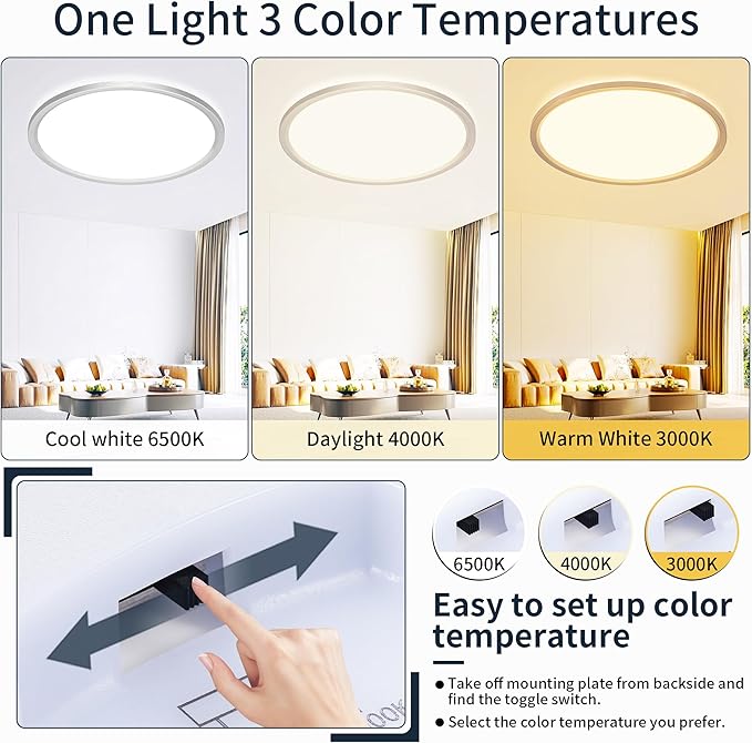 MOONSEA Flush Mount LED Ceiling Light Fixture Brushed Nickel 24 Inch, 50W Dimmable 3000K-4000K-6500K 3 Color Selectable Ceiling Lamp 5000LM Low Profile Ceiling Light for Kitchen Bedroom Hallway