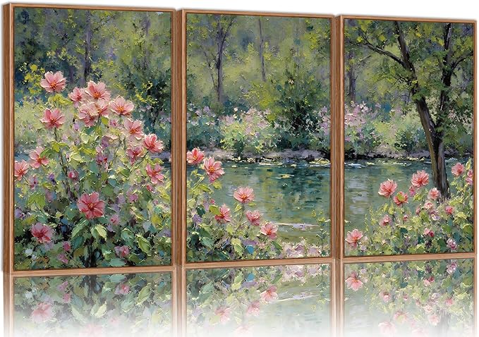 YeeHomedec Monet Botanical Framed Canvas Wall Art, Impressionist Floral Garden Wall Decor, Vintage Flower Pond Tree Artwork, Nature Landscape Art Paintings for Living Room Bedroom Bathroom 16"x24"x3