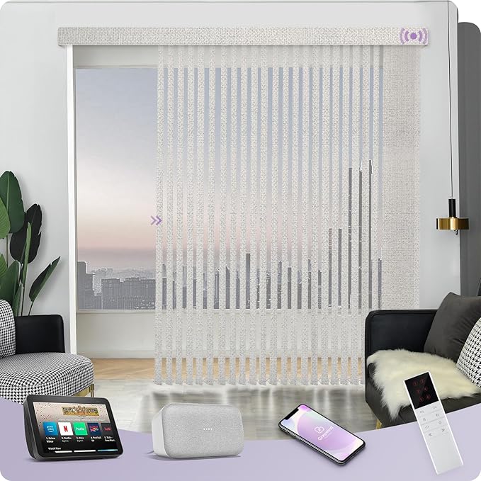 Graywind Motorized Vertical Blinds Compatible with Alexa Google Privacy Reversible Blackout Smart Vertical Blind Remote Control Track Slats Set for Home Office(Dimout Checkered Brown)