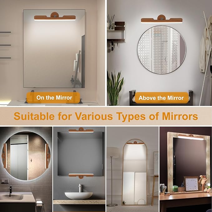 2 Pack Vanity Lights for Mirror with 4000mAh Rechargeable Battery, Touch Control Dimmable Makeup Light with 3 Color Modes, Magnetic 360° Adjustable LED Bathroom Mirror Light, Light Wood