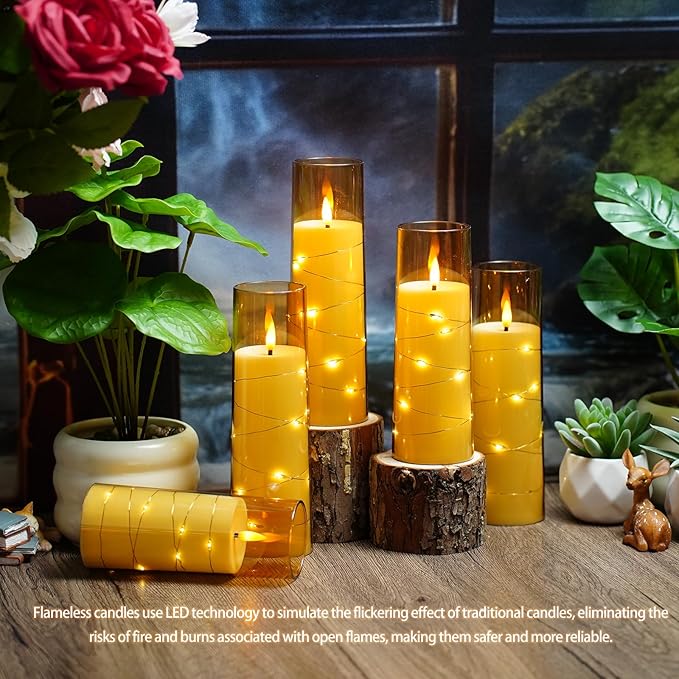 Flickering Flameless LED Candles,Battery Operated Candles 24 Pcs with Embedded Star String,Acrylic LED Pillar Candles with Remote,Suitable for Home Decoration to Create an Atmosphere (Gold)