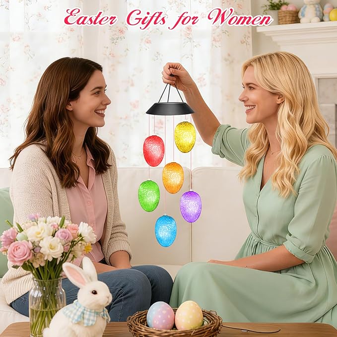 Easter Basket Stuffers for Adults, Winzwon Solar Lights Outdoor Wind Chimes for Outside Garden Yard Patio Porch Decor Hanging Eggs Decorations, Mothers Day Mom Gifts, Birthday Gifts for Women Her