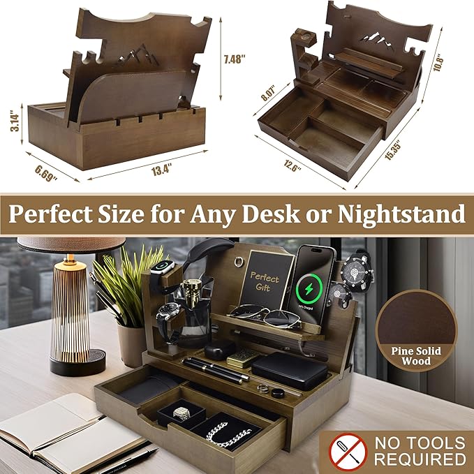 Nightstand Organizer for Men with Large Drawer, Wood Phone Docking Station for Phone, Apple Watch, Wallet & Keys, Ideal Birthday Gift for Father Husband, Bedside Desk Organizer (Brown)
