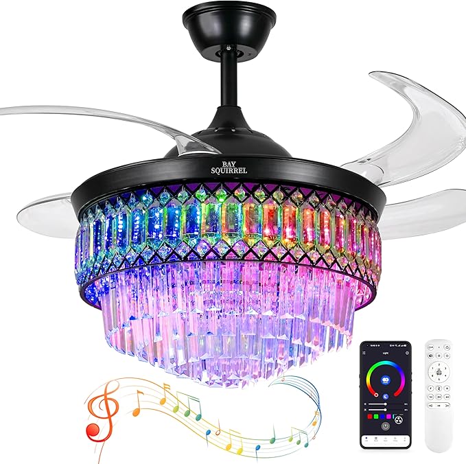 BAYSQUIRREL Retractable Crystal Ceiling Fan with Lights, Bluetooth Ceiling Fan with Speaker, 6-Speed Reversible Blades, RGB-LED Light, Low Profile Modern Fandelier Fan for Bedroom Living Room 42"