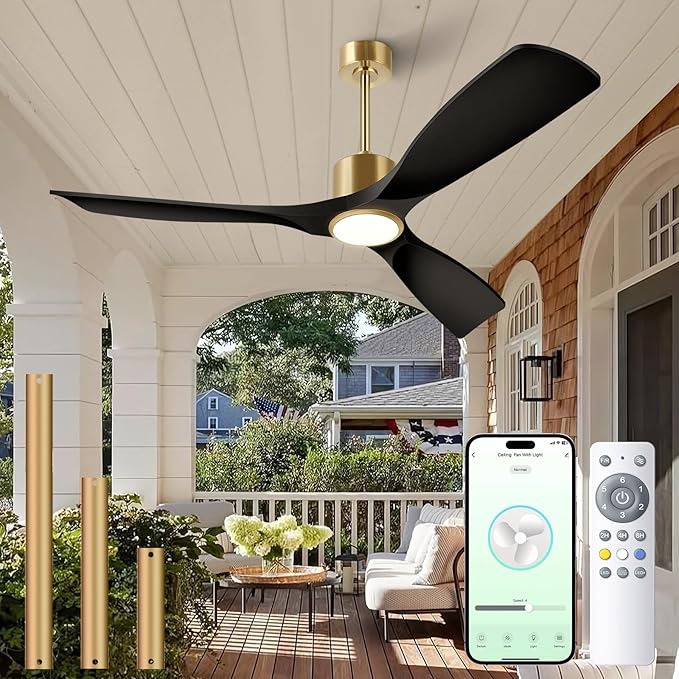 60" Smart Ceiling Fan with Lights,Black & Gold Ceiling Fan 3 Blade,Compatible with Alexa/Gg/App/Remote,6 Speed Quiet Reversible DC Motor for Patio Porch