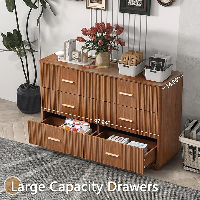Fluted Double Dresser for Bedroom with 6 Drawers, 47" Wide Modern Chest of Drawers, Curved Profile Wood Storage Dressers TV Stand,Wooden Closet Clothes Storage Organizer for Living Room Hallway,Walnut
