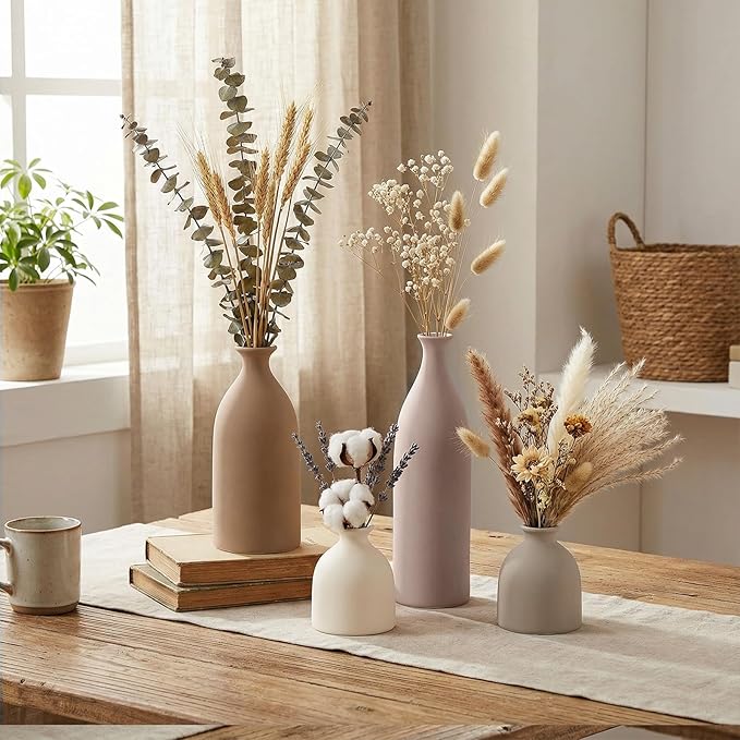 Dandat Beige Ceramic Vase Set of 4, Modern Decorative Ceramic Vases Rustic Pottery Centerpiece Table Decor for Farmhouse Bouquet Pampas Grass Dried Fresh Flowers, Living Room, Kitchen, Bedroom