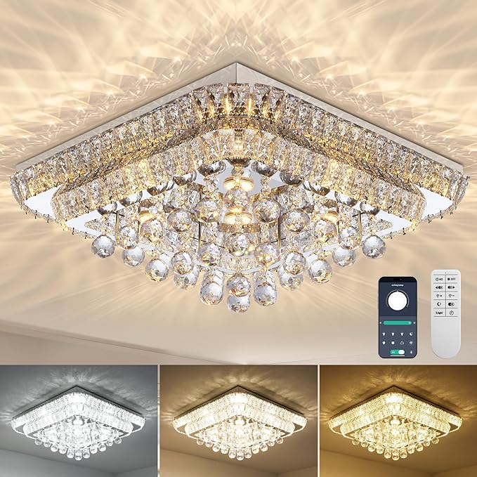 REDSTAR 24" Crystal Ceiling-Light Flush Mount with Remote and APP, 3 Colors Temp & Brightness Adjustable, Modern Crystal Raindrop Chandeliers for Bedroom Hallway Dinning and Living Rooms-Square