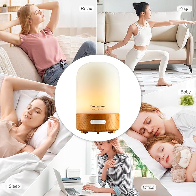 Essential Oil Diffuser Hand Blown Glass, 100ml Small Aromatherapy Diffuser, Auto Shut-Off Function, Ultrasonic Diffusers for Essential Oils, Cool Mist Humidifier with Warm White Lights（White）