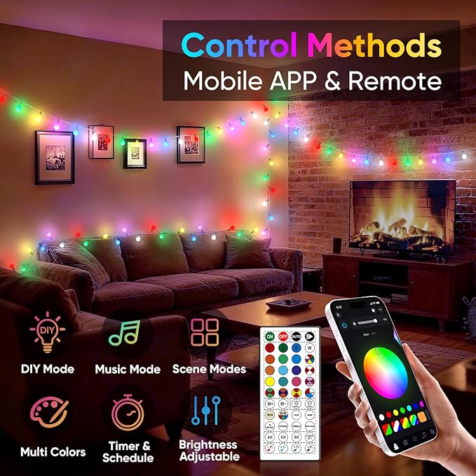 OMIKA 33FT 60 LED Color Changing Globe String Lights, Warm White & Multicolor USB Powered Smart Fairy Lights, APP & Remote Control, Music Sync, 100+ Dynamic Mode for Dorm, Classroom, Room Decor