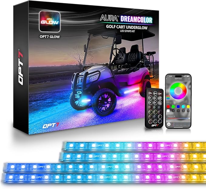 OPT7 12V Aura DreamColor Golf Cart Underglow LED Light Kit with App & Remote Control, 4PC Waterproof Multicolor Light Strips, Music Neon Accent Chasing Lighting for EZGO Yamaha Club Car, Easter Gift