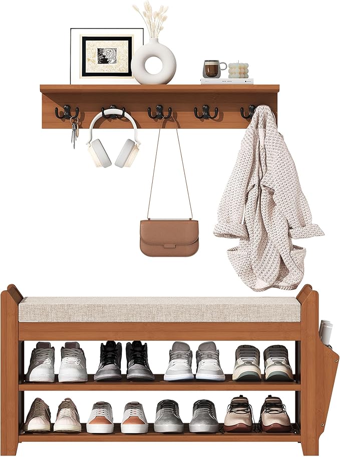 31.5" Shoe Bench with Coat Rack Hidden Drawer and Side Holder, 2 Tier Entryway Bench with Storage 39.4 in, Bamboo Shoe Rack with Cushion for Entryway Hallway Living Room Bedroom