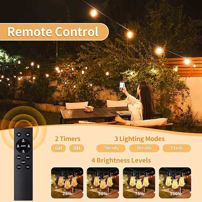 Outdoor String Lights with Remote, 50ft 25 Bulbs Low Voltage(24V) Patio Lights, Dimmable & Timer, IP65 Waterproof, ST38 LED Hanging Lights for Outside, Deck, Garden, Backyard, Porch, Party