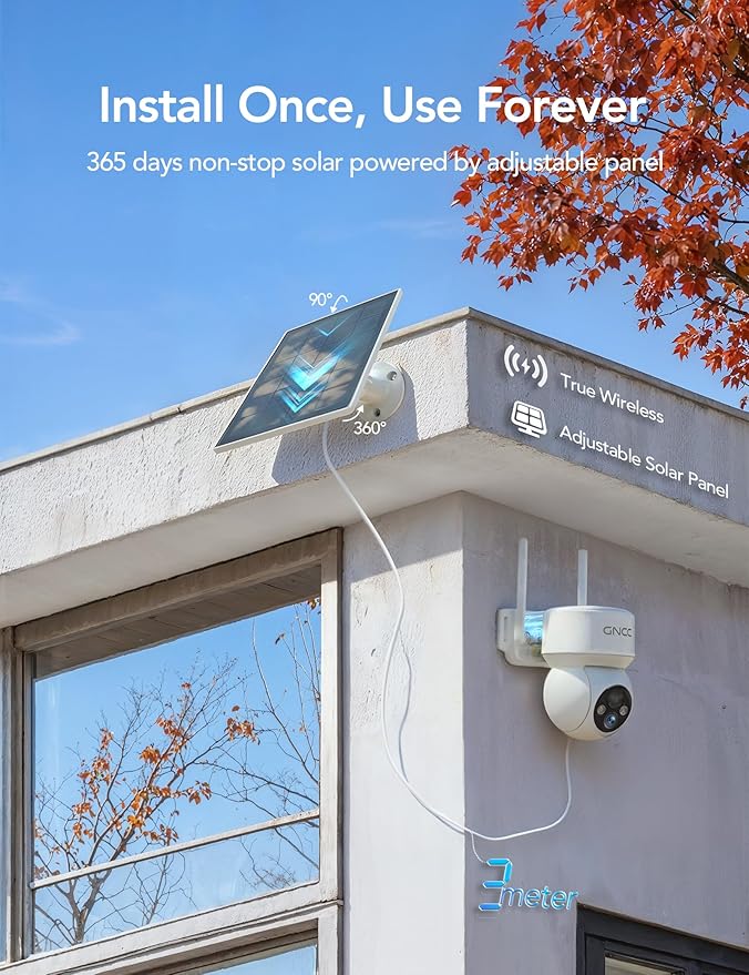 GNCC Solar Security Cameras Wireless Outdoor, 2.4G WiFi 360° View Solar/Battery Powered Cameras for Home Security with AI Human Detection, Color Night Vision, 2-Way Audio, SD/Cloud Storage, 2 Pack
