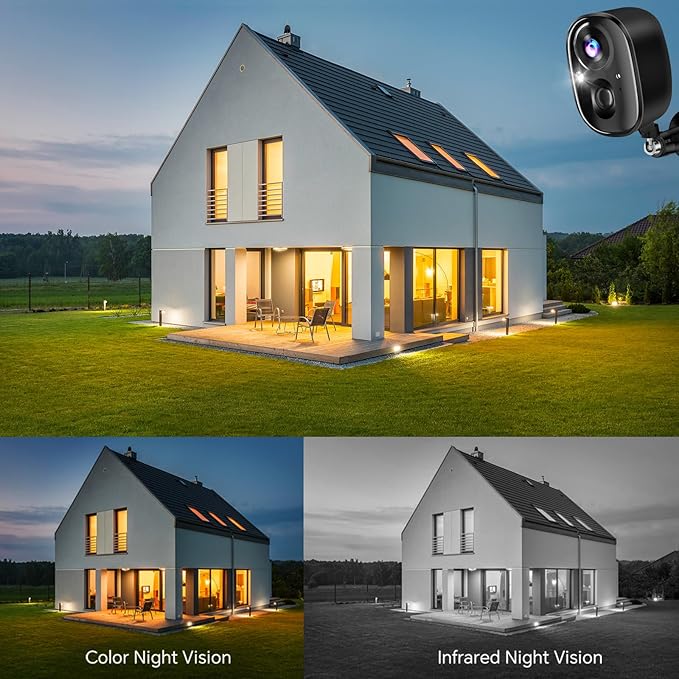 Security Camera Wireless Outdoor 4K Battery Powered Full Color Night Vision WiFi Indoor Camera 2-Way Talk Motion Detection Microphone Spotlight Alarms SD/Cloud Storage for Home Security Yard Kids Pets