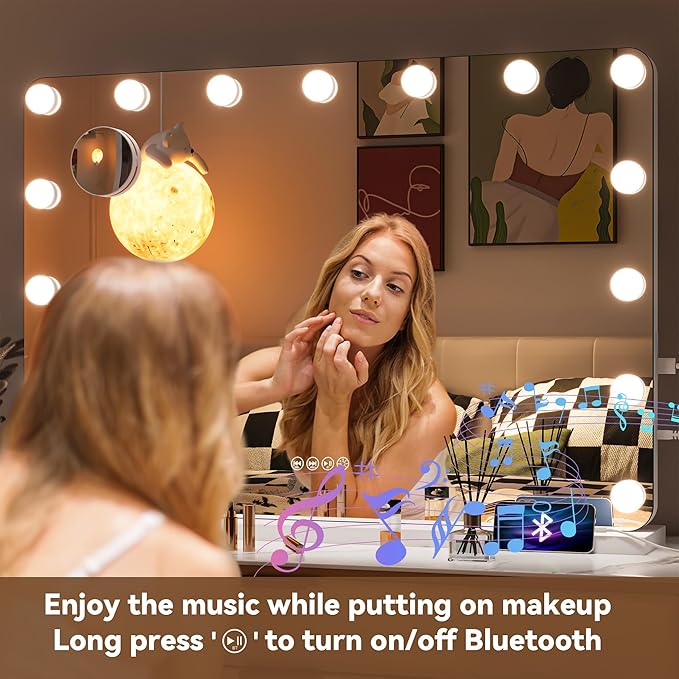 Hasipu LED Makeup Mirror with Bluetooth Speaker, 28" x 20" Makeup Mirror with Lights and Magnification, Hollywood Mirror with 3 Color Modes, LED Make up Mirror with USB & Type-C Charging