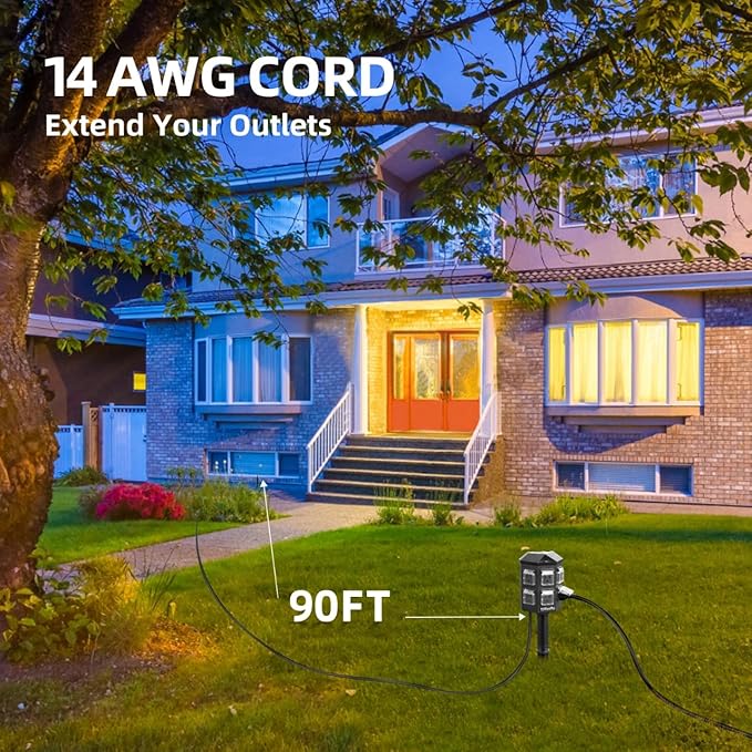Outdoor Power Strip with 90FT Extension Cord, 100FT Remote Control, Dusk to Dawn Light Timer Waterproof, 6 Grounded Outlets for Yard, Pool and Garden, ETL Listed (90 FT)