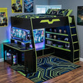 LUMISOL Full Size Wood Loft Bed with Desk and Multi-Storage Shelves, Gaming Loft Bed with RGB LED Lights and Adjustable Desk Placement, Space-Saving Game Bedframe with Under-Bed Storage, Green