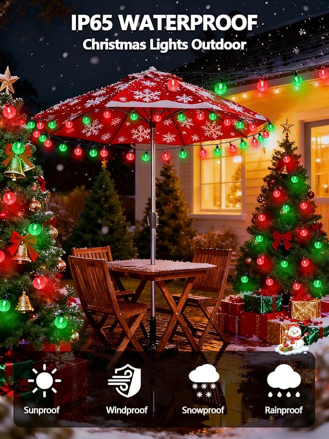 2-Pack 100 LED Red and Green Solar String Lights Outdoor - 64FT Crystal Globe Waterproof Solar Lights for Outside with 8 Lighting Modes for Patio Decorations, Garden, Wedding, Party, Porch, Tree