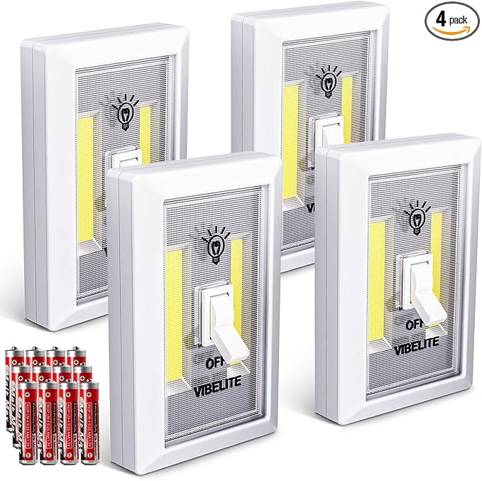 VIBELITE LED Night Light Switch, 12 Total Batteries Included, 200 Lumen Wireless COB LED Switch Light, Under Cabinet, Shelf, Closet, Garage, Kitchen, Stairwell and Emergency, Battery Operated, 4 Pack