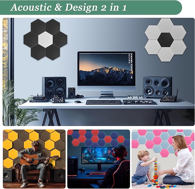 Hexagonal Acoustic Panels-12 Pack High-Density Sound Absorbing Panels 12"X10"X0.4" for Enhanced Noise Reduction, DIY Design, Idea for Studios, Offices, and Home Theaters(Ash Gray)