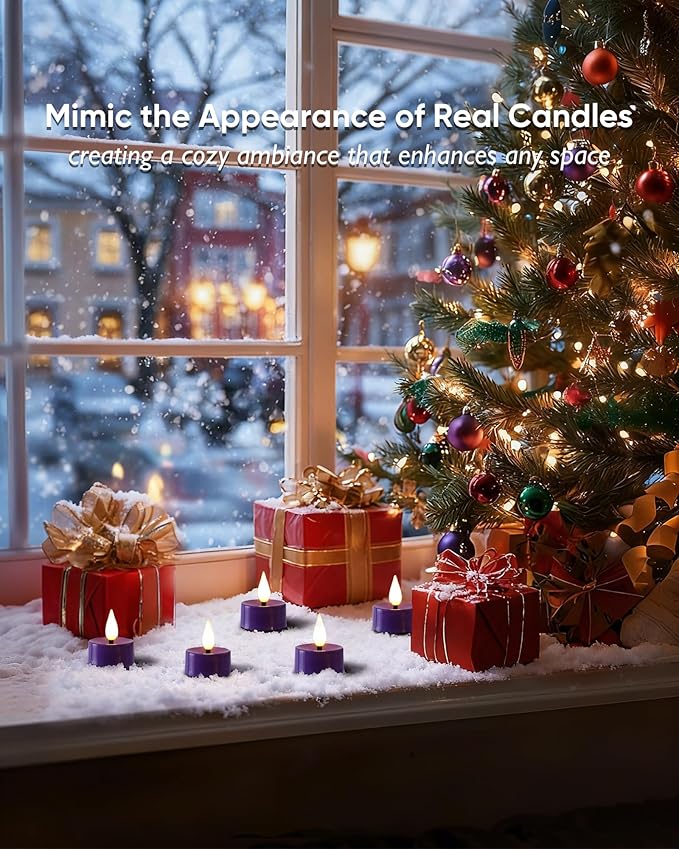 Amagic Flameless Purple Timer Remote Tealights Candles, 3D Black Wick Flickering Tea Light, 300+Hour Colored Votive Candles Battery Operated, Set of 12 for Party, Wedding Table, Halloween, Mardi Gras