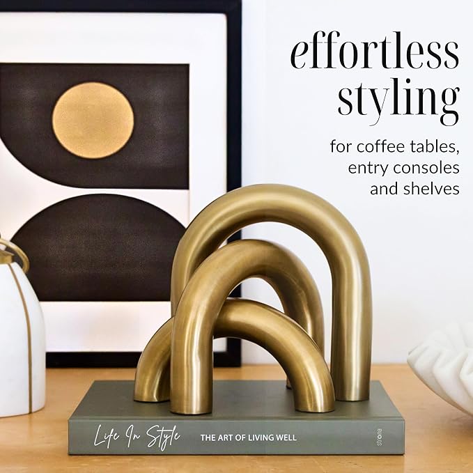 Brass Finish Arch Decor - 3 Piece Organic Modern Home Decor Accent Set for Bookshelf, Coffee Table & Console Styling