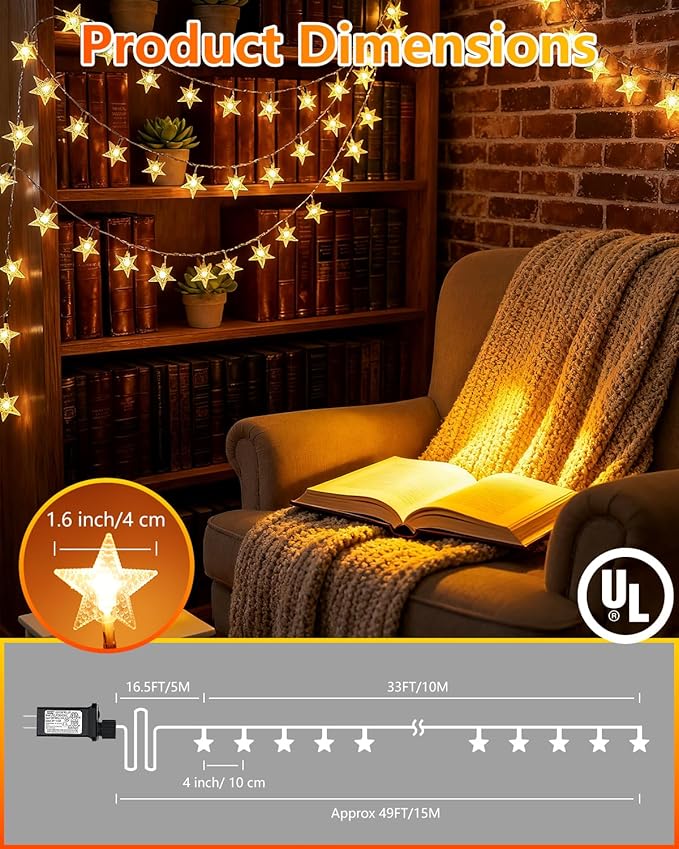 Twinkle Star 100 LED Star String Lights, 33FT Plug in Fairy String Lights Waterproof for Bedroom Decor, Indoor, Outdoor, Wedding Party, Christmas Tree, New Year, Ramadan, Warm White