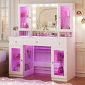 Vanity Desk with Mirror and RGB Lights, 43" Large Makeup Vanity with Glass Top, 4 Large Glass Cabinets, Power Outlet & 3 Drawers, 3 Colors Lighting Adjustable Brightness for Bedroom, White