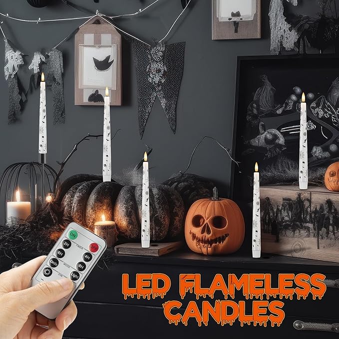 Halloween Candles with Spider Web, Spider, 9.6”Real Wax Flameless Taper Candles with Remote & Timer, 3 Pack Battery Operated Halloween Led Candlesticks for Party Home Decor