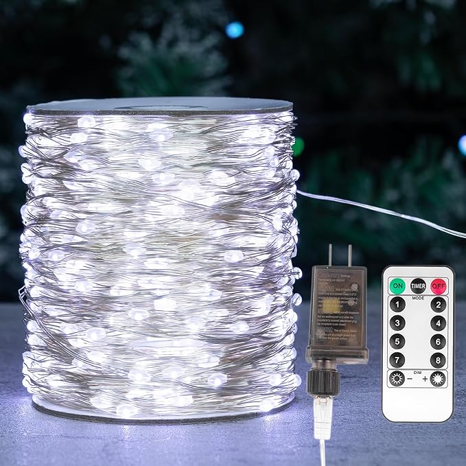 Fairy Lights Plug in,66FT 200LEDs Waterproof Led String Lights,8 Modes Remote Twinkle Light for Outdoor Indoor Christmas Wedding Birthday Garden Party Decorations,Silver Wire,Cool White